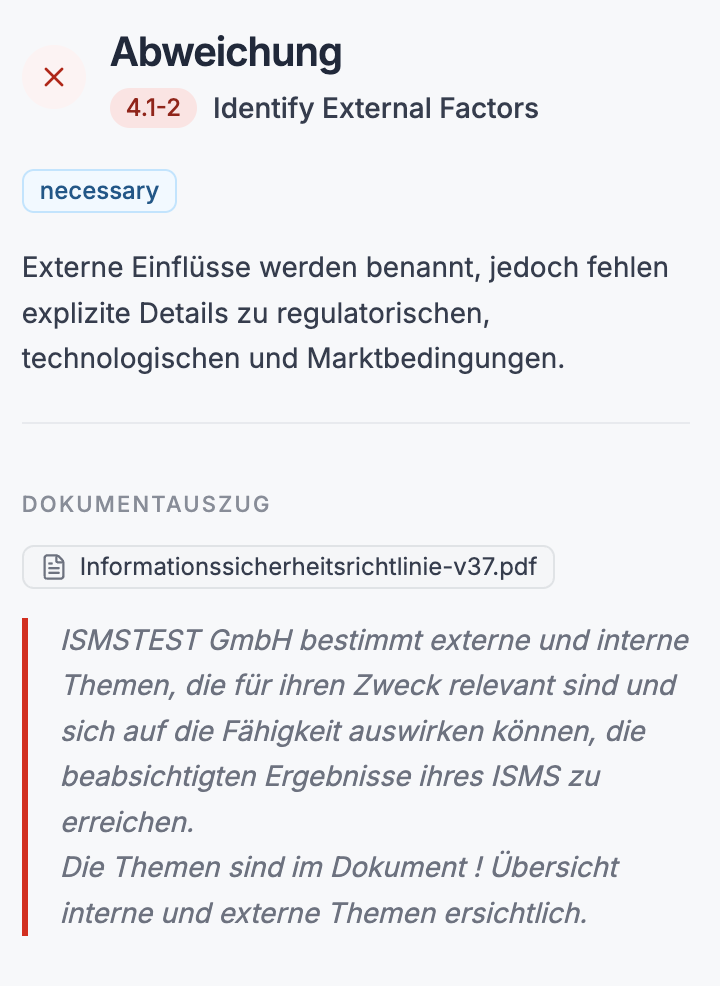 COSI DIAG zeigt eine Abweichung zu externen Einflüssen mit zugehörigem Dokumentauszug