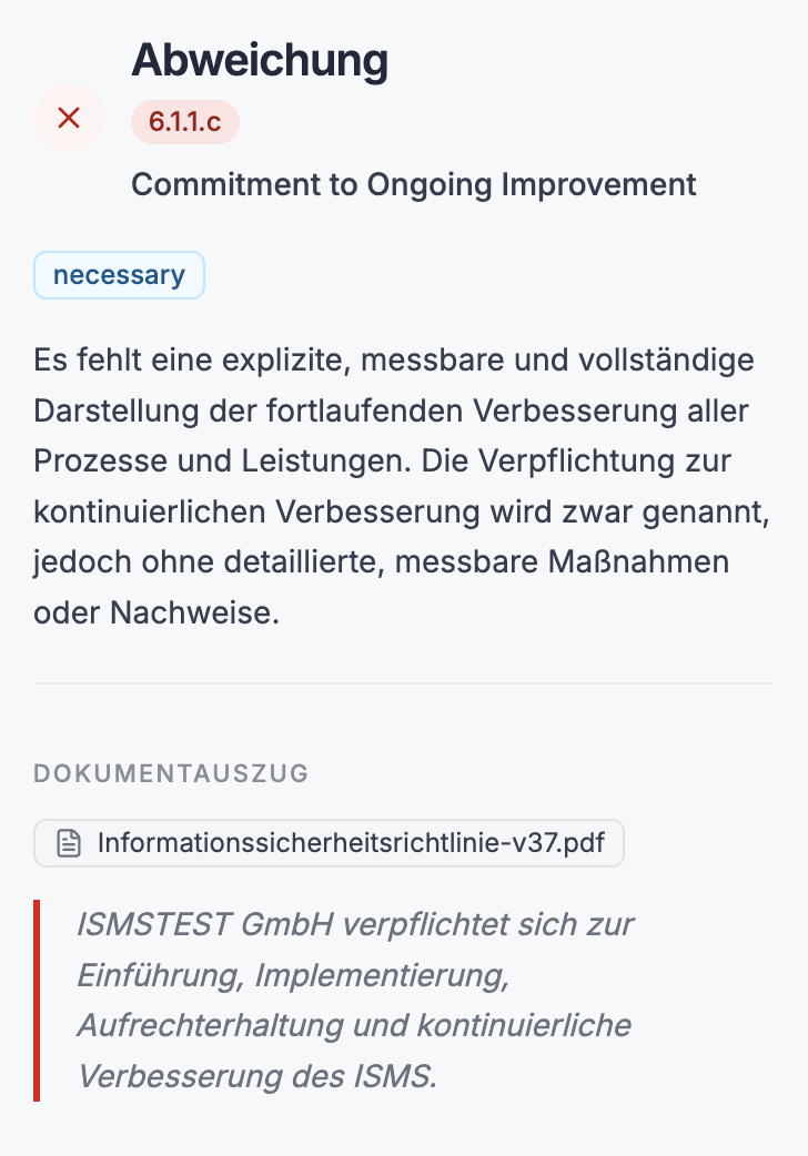 COSI DIAG zeigt eine Abweichung zur kontinuierlichen Verbesserung mit Begründung und Dokumentauszug